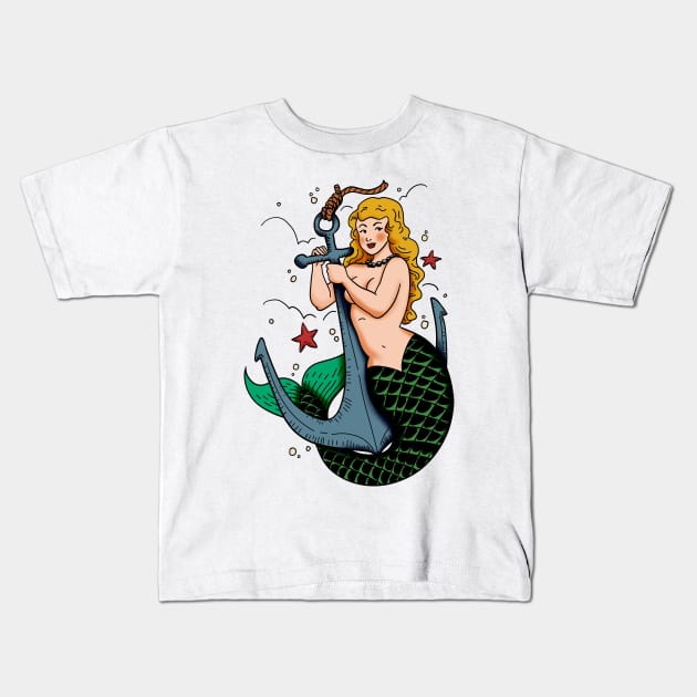 Mermaid and Anchor Vintage Tattoo Kids T-Shirt by Mang Kumis